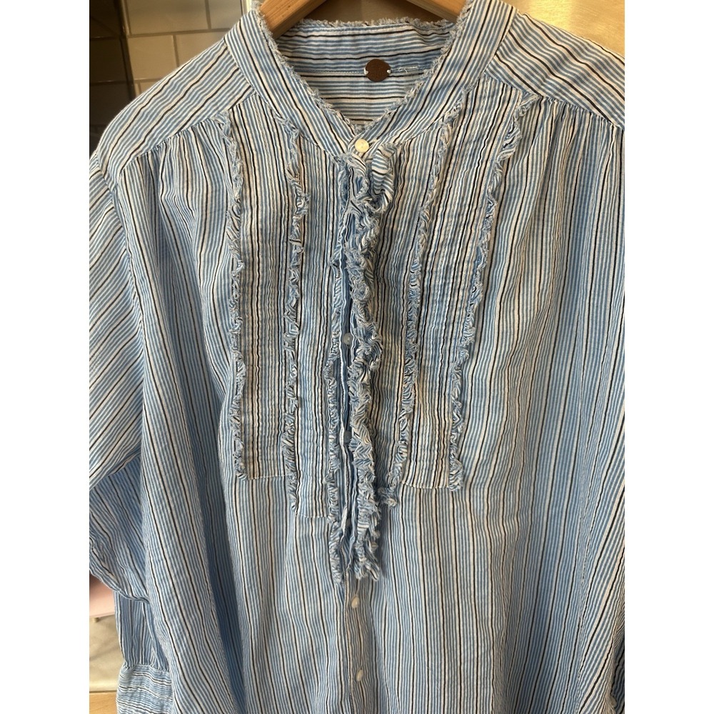 Free People One Drew Tuxedo Shirt Blue White Stripe Raw Hem Boho Y2K Belt 4 Dres